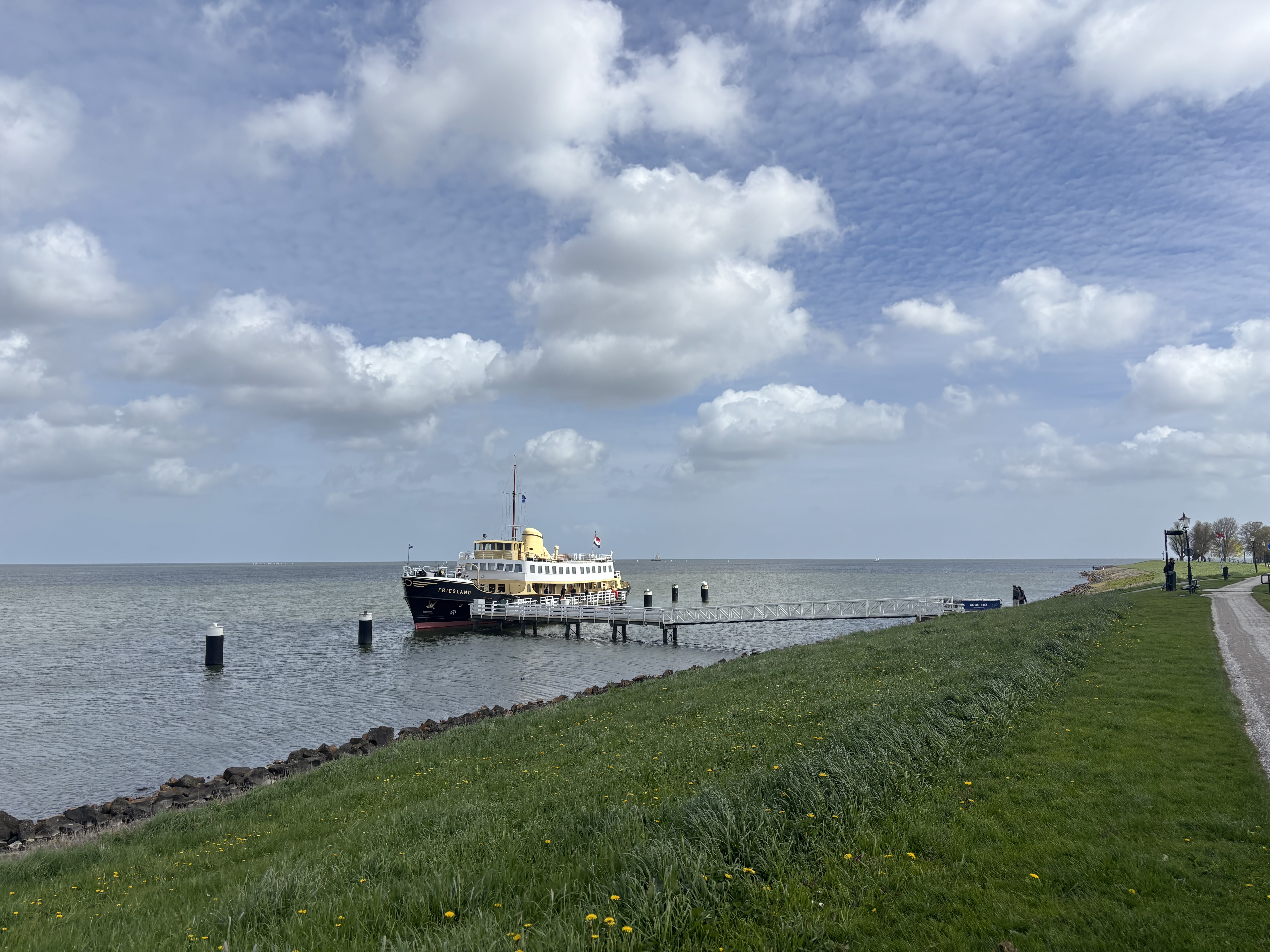 The ferry tied up at the long wooden pier, calm water stretching to the horizon, wildflowers in the grass beside the dyke.