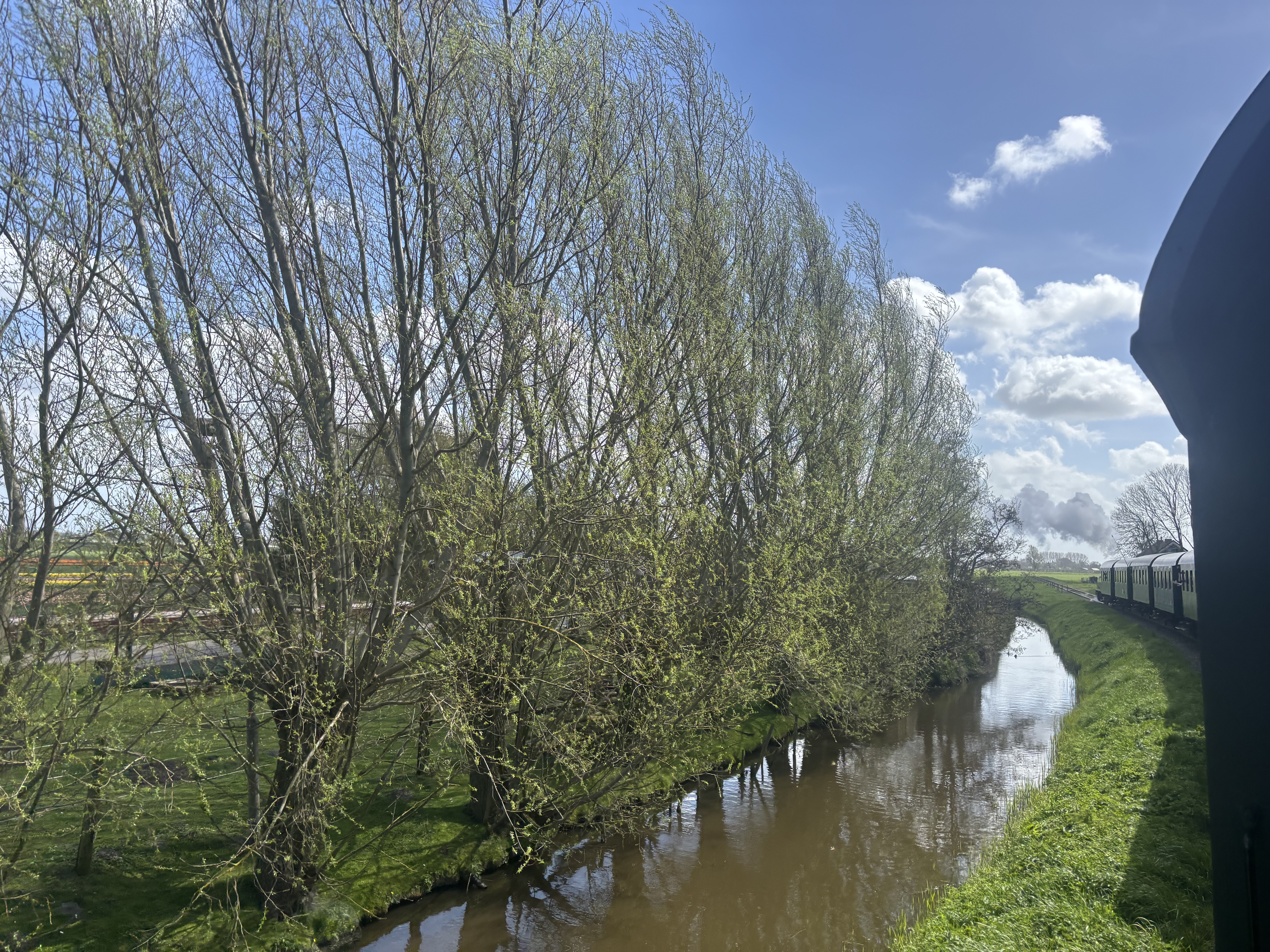 Willows along a quiet canal, the curve of a steam-train carriage just visible on the right — a peaceful pause between stops.